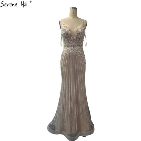 Vestido de noche sirena sin mangas color champán de Dubái, sexy, con lentejuelas y espalda descubierta, modelo LA70400 (2025). 