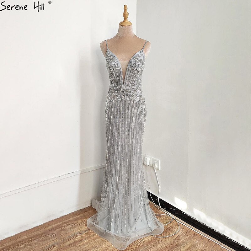 Dubai Champagne Sleeveless Mermaid Sexy Evening Dresses 2025 Beading Sequins Backless Formal Dress LA70400