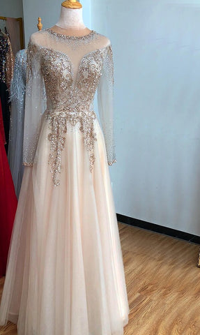 En oferta, sin devoluciones ni reembolsos. Vestido de noche sexy corte A, manga larga, con lentejuelas y brillo de diamantes, color champán Dubai. Modelo 2025 LA70647 