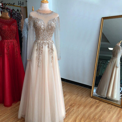 En oferta, sin devoluciones ni reembolsos. Vestido de noche sexy corte A, manga larga, con lentejuelas y brillo de diamantes, color champán Dubai. Modelo 2025 LA70647 