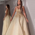 Dubai Champange Full Crystal A-Line Evening Dresses Design Sleeveless Luxury Sexy Evening Gowns LA70232