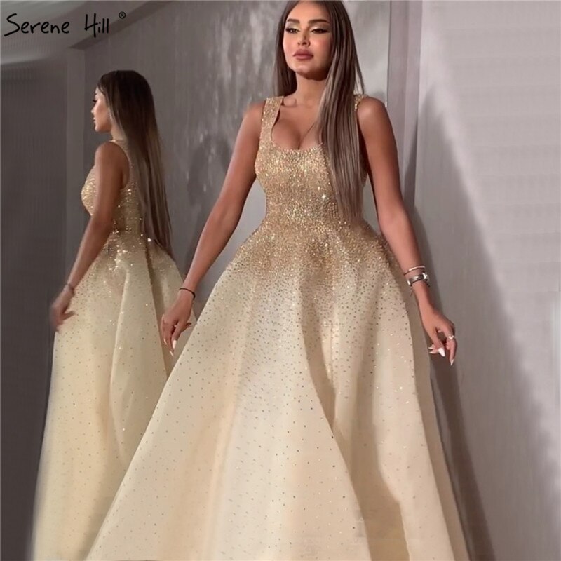 Dubai Champange Full Crystal A-Line Evening Dresses Design Sleeveless Luxury Sexy Evening Gowns LA70232
