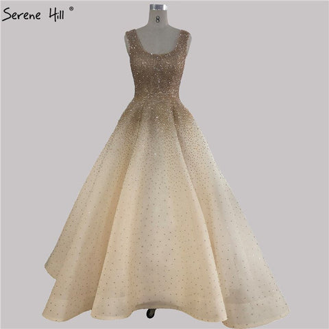 Dubai Champange Full Crystal A-Line Evening Dresses Design Sleeveless Luxury Sexy Evening Gowns LA70232