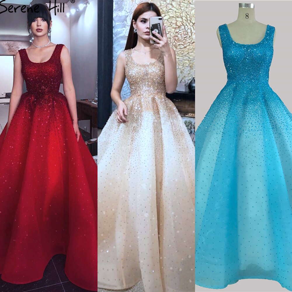 Dubai Champange Full Crystal A-Line Evening Dresses Design Sleeveless Luxury Sexy Evening Gowns LA70232