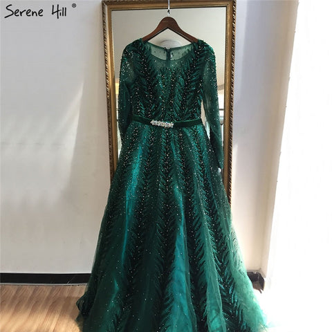 Dubai Design Green Long Sleeves Evening Dresses 2025 O-Neck Beading Sequined A-Line Formal Dress LA70040