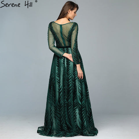 Dubai Design Green Long Sleeves Evening Dresses 2025 O-Neck Beading Sequined A-Line Formal Dress LA70040