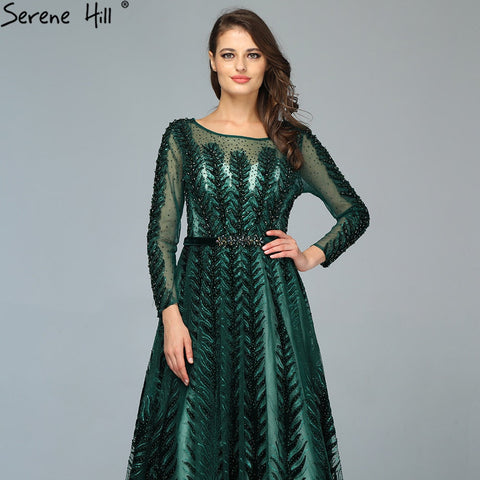 Dubai Design Green Long Sleeves Evening Dresses 2025 O-Neck Beading Sequined A-Line Formal Dress LA70040