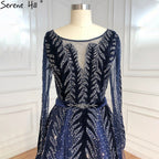 Dubai Design Green Long Sleeves Evening Dresses 2025 O-Neck Beading Sequined A-Line Formal Dress LA70040