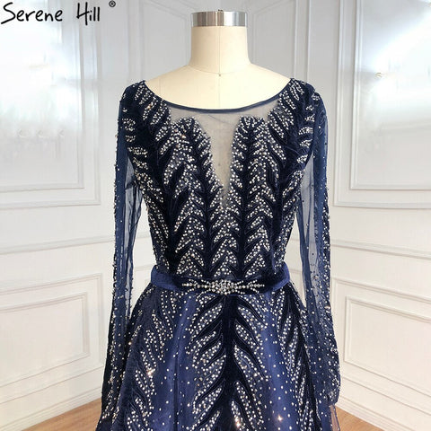 Dubai Design Green Long Sleeves Evening Dresses 2025 O-Neck Beading Sequined A-Line Formal Dress LA70040