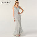 On Sale no return no refundSale Dubai Design Grey V-Neck Luxury Evening Dresses Beading Pearls Cap Sleeve Sexy Evening Gowns 2025 LA60821