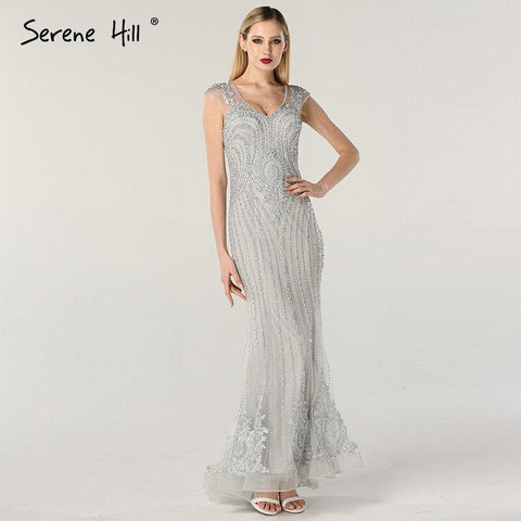 En oferta, sin devoluciones ni reembolsos. Vestidos de noche de lujo, diseño Dubai, color gris, con escote en V, bordados de perlas, mangas cortas, estilo sexy. Modelo 2025 LA60821 