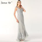 On Sale no return no refundSale Dubai Design Grey V-Neck Luxury Evening Dresses Beading Pearls Cap Sleeve Sexy Evening Gowns 2025 LA60821