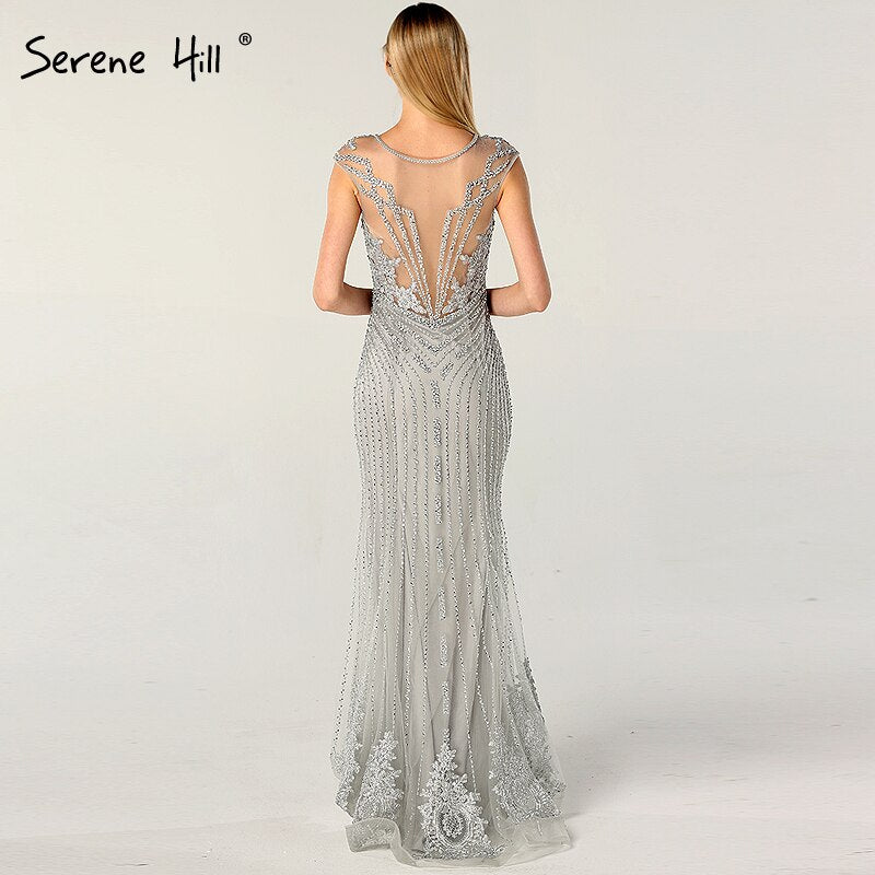 On Sale no return no refundSale Dubai Design Grey V-Neck Luxury Evening Dresses Beading Pearls Cap Sleeve Sexy Evening Gowns 2025 LA60821