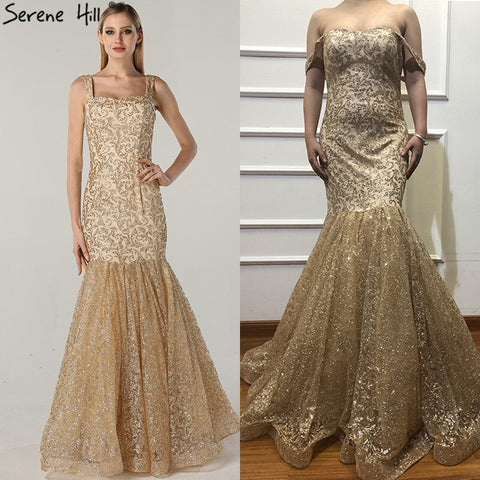 Robe de soirée luxueuse à paillettes dorées, col bateau, sans manches, sexy, photo réelle, LA60701, 2025 