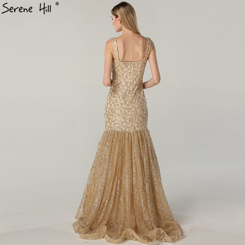 Robe de soirée luxueuse à paillettes dorées, col bateau, sans manches, sexy, photo réelle, LA60701, 2025 