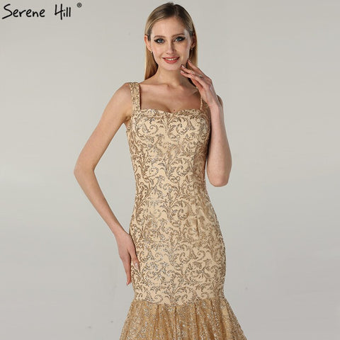 Robe de soirée luxueuse à paillettes dorées, col bateau, sans manches, sexy, photo réelle, LA60701, 2025 