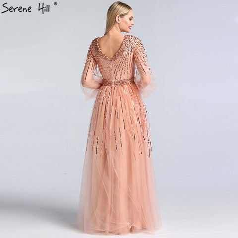 On Sale No Return No Refund  Sale Dubai Design Pink V-Neck 2025 Evening Dresses Sequined Long Sleeves Luxury Formal Dress LA60948