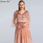 On Sale No Return No Refund  Sale Dubai Design Pink V-Neck 2025 Evening Dresses Sequined Long Sleeves Luxury Formal Dress LA60948