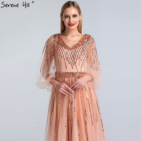 On Sale No Return No Refund  Sale Dubai Design Pink V-Neck 2025 Evening Dresses Sequined Long Sleeves Luxury Formal Dress LA60948