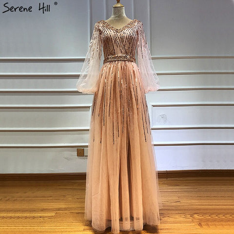On Sale No Return No Refund  Sale Dubai Design Pink V-Neck 2025 Evening Dresses Sequined Long Sleeves Luxury Formal Dress LA60948