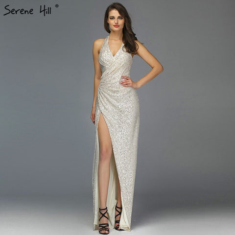 Sale Dubai Design Silver Deep-V Luxury Evening Dresses Sequined Mermaid Sexy Formal Dress 2025 LA70052