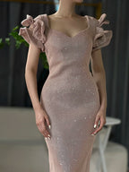Dubai Designer Pink Short Sleeves Dress New Mermaid Fashion Womens Formal Evening Gowns 2025 QA8019
