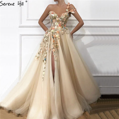 Dubai Flowers Pearls Evening Dresses Sexy One Shoulder A-Line Formal Dress 2025 Evening Dresses Gowns LA60946