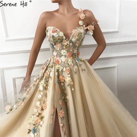 Dubai Flowers Pearls Evening Dresses Sexy One Shoulder A-Line Formal Dress 2025 Evening Dresses Gowns LA60946