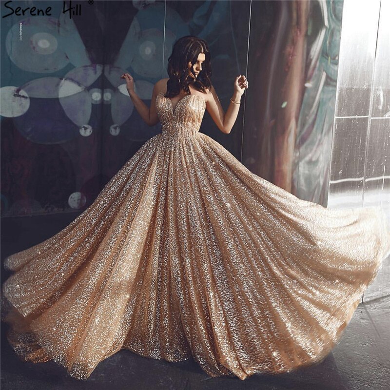 Dubai Gold Backless Glitter Sexy Evening Dresses 2025 Luxury Sleeveless Beach Evening Gowns LA60854