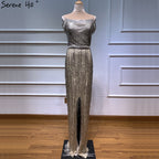 On Sale No Return No Refund Dubai Gold Boat-Neck Tassel Sexy Evening Dresses Luxruy Short Sleeveless Sequined Beading Evening Gowns Real Photo LA60826