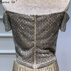 On Sale No Return No Refund Dubai Gold Boat-Neck Tassel Sexy Evening Dresses Luxruy Short Sleeveless Sequined Beading Evening Gowns Real Photo LA60826