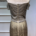 On Sale No Return No Refund Dubai Gold Boat-Neck Tassel Sexy Evening Dresses Luxruy Short Sleeveless Sequined Beading Evening Gowns Real Photo LA60826