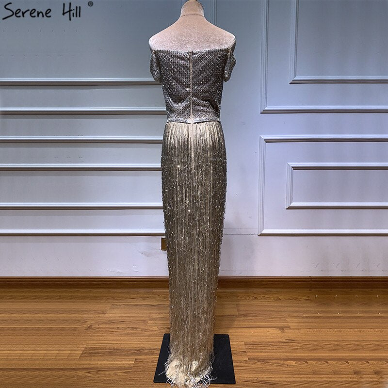On Sale No Return No Refund Dubai Gold Boat-Neck Tassel Sexy Evening Dresses Luxruy Short Sleeveless Sequined Beading Evening Gowns Real Photo LA60826