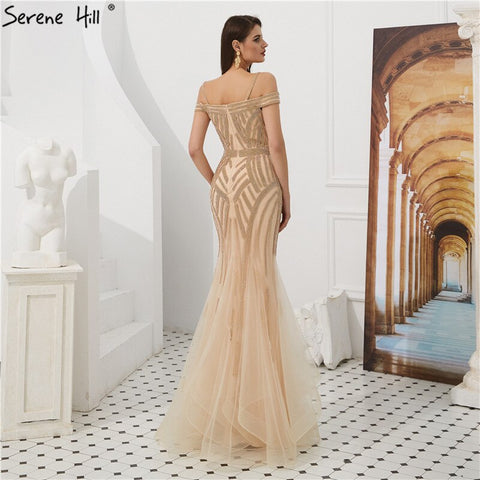 Dubai Gold Full Diamond Mermaid Evening Dresses 2025 Off Shouler Sexy Elegant Formal Gowns LA60807