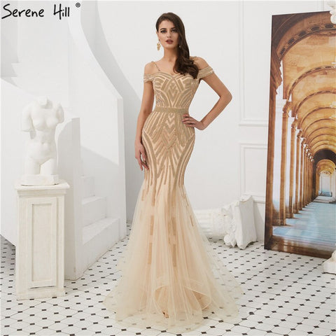 Dubai Gold Full Diamond Mermaid Evening Dresses 2025 Off Shouler Sexy Elegant Formal Gowns LA60807