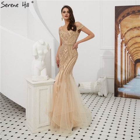 Dubai Gold Full Diamond Mermaid Evening Dresses 2025 Off Shouler Sexy Elegant Formal Gowns LA60807