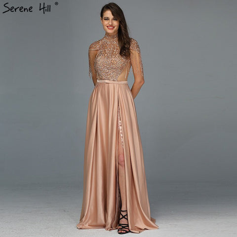 Dubai Gold High Neck Sparkle Prom Dresses 2025 Sleeveless Tassel Beading A-Line Prom Gowns Design LA60998