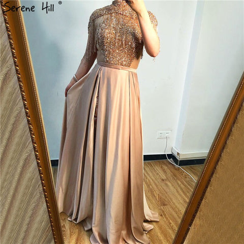 Dubai Gold High Neck Sparkle Prom Dresses 2025 Sleeveless Tassel Beading A-Line Prom Gowns Design LA60998