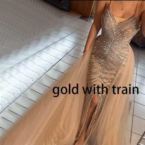 Dubai Gold Luxury Mermaid Evening Dresses Design 2025 Crystal Beading Backless Sexy Evening Gowns Real Photo LA70165