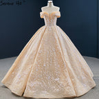 Dubai Gold Off Shoulder Design Wedding Dresses 2025 Handmade Flowers Beading Sexy Bridal Gowns HM67135 Custom Made