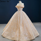 Dubai Gold Off Shoulder Design Wedding Dresses 2025 Handmade Flowers Beading Sexy Bridal Gowns HM67135 Custom Made