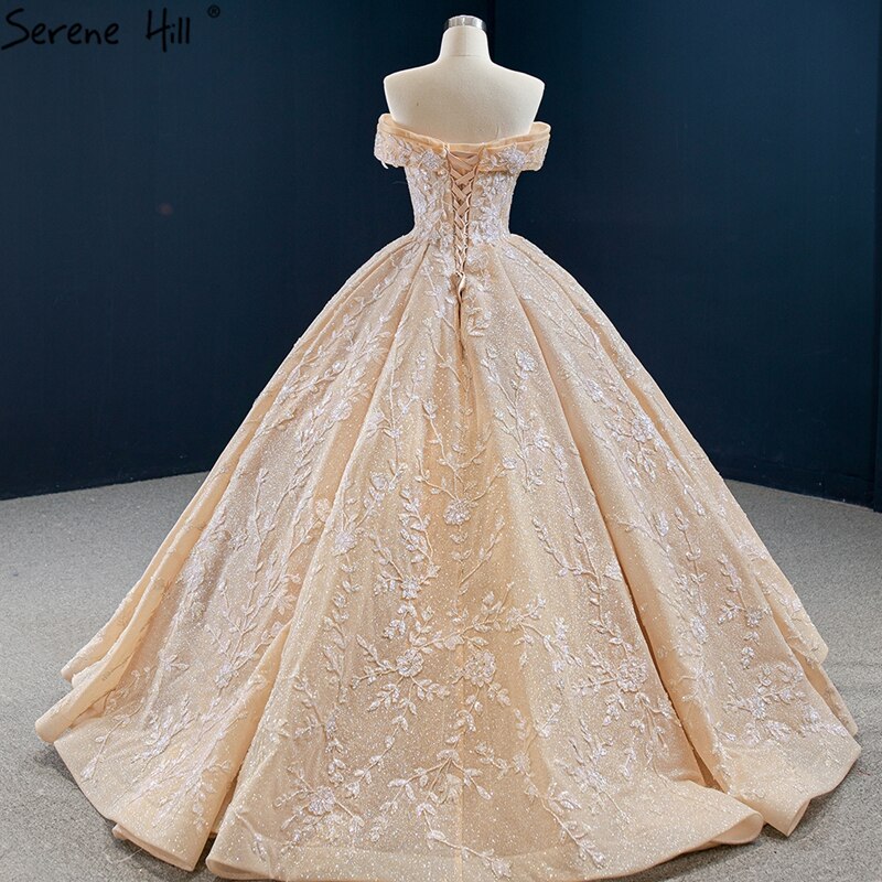 Dubai Gold Off Shoulder Design Wedding Dresses 2025 Handmade Flowers Beading Sexy Bridal Gowns HM67135 Custom Made
