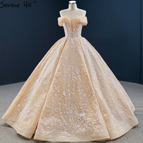 Vestidos de novia Dubai Gold con diseño de hombros descubiertos, colección 2025, flores hechas a mano con pedrería, vestidos de novia sexys HM67135, hechos a medida. 