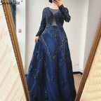 Dubai Grey A-Line Luxury Sexy Evening Dresses 2025 Long Sleeves Diamond Beading Formal Dress LA70618