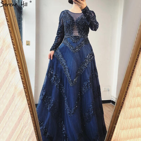 Dubai Grey A-Line Luxury Sexy Evening Dresses 2025 Long Sleeves Diamond Beading Formal Dress LA70618