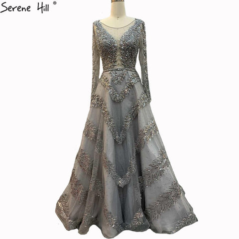 Dubai Grey A-Line Luxury Sexy Evening Dresses 2025 Long Sleeves Diamond Beading Formal Dress LA70618