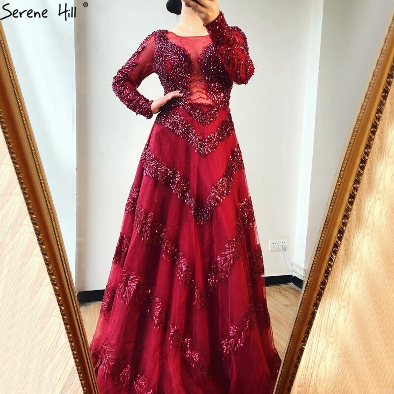 Dubai Grey A-Line Luxury Sexy Evening Dresses 2025 Long Sleeves Diamond Beading Formal Dress LA70618