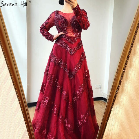 Dubai Grey A-Line Luxury Sexy Evening Dresses 2025 Long Sleeves Diamond Beading Formal Dress LA70618