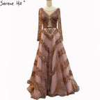 Dubai Grey A-Line Luxury Sexy Evening Dresses 2025 Long Sleeves Diamond Beading Formal Dress LA70618