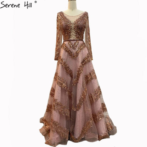 Dubai Grey A-Line Luxury Sexy Evening Dresses 2025 Long Sleeves Diamond Beading Formal Dress LA70618